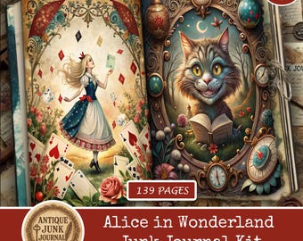 May include: An open antique junk journal kit with illustrations from Alice in Wonderland. The left page features Alice with playing cards, and the right page shows the Cheshire Cat. The kit includes 139 pages and is a digital download.