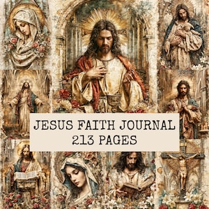 Puede incluir: Un diario de fe de Jesús de 213 páginas, con un collage de ilustraciones religiosas que incluyen representaciones de Jesús y María en varias escenas, con el texto JESUS FAITH JOURNAL 213 PAGES impreso en negro sobre un recuadro beige claro.