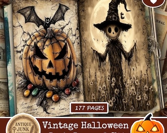 May include: Vintage Halloween Junk Journal Kit with 177 pages. The open journal displays illustrations of a carved pumpkin with a bat and a scarecrow under a full moon. The kit includes a digital download and features the text "Antique Junk Journal".
