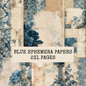 Könnte beinhalten: Eine Sammlung blauer Ephemera-Papiere mit 231 Seiten, die verschiedene Designs wie Blumenmuster, Damastdrucke und kursive Handschrift im Vintage-Stil auf gealterten, strukturierten Hintergründen in Blau-, Creme- und Beigetönen aufweisen.