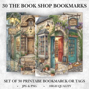 Puede incluir: Conjunto de 30 marcapáginas o etiquetas imprimibles con ilustraciones en acuarela de librerías pintorescas. Cada marcapáginas muestra una fachada de tienda diferente con detalles como puertas, ventanas y señalización. Incluye formatos JPG y PNG.