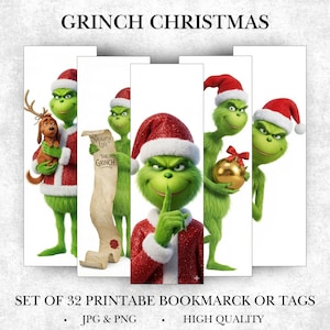 Op de afbeelding: Set van 32 bedrukbare bladwijzers of labels met de Grinch in verschillende poses, met een kerstmuts en rood pak. De tekst "GRINCH CHRISTMAS" staat bovenaan. Beschikbaar in JPG- en PNG-formaten en van hoge kwaliteit.