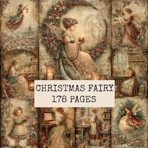 Könnte beinhalten: Eine Sammlung von Weihnachtsfeen-Illustrationen mit 178 Seiten im Vintage-Stil. Die Bilder zeigen geflügelte Figuren in festlichen Umgebungen, darunter Szenen mit Kerzen, Kränzen und Weihnachtsdekoration, mit dem Text CHRISTMAS FAIRY 178 PAGES.