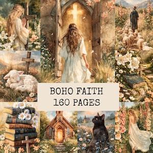 May include: A collage of religious-themed illustrations featuring a person in a white dress, a shepherd with sheep, a church, a black cat, and stacks of books, with the text BOHO FAITH 160 PAGES centered in a beige rectangular box.