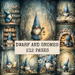 Könnte beinhalten: Eine Sammlung von Illustrationen mit Gnomen mit blauen Mützen und weißen Bärten in verschiedenen Umgebungen, darunter eine Bibliothek, ein Wald und eine Küche. Der Text DWARF AND GNOMES 212 PAGES steht zentriert in einem beigen Kasten.