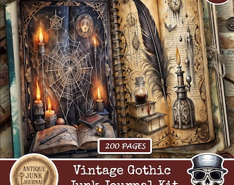 Op de afbeelding: Open vintage gothic junk journal kit met 200 pagina's. Het tijdschrift bevat illustraties van een spinnenweb, kaarsen, een veer en antieke items. De omslag heeft een schedel met zonnebril en de tekst "Vintage Gothic Junk Journal Kit."