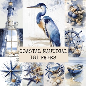 Peut inclure: Une collection numérique intitulée COASTAL NAUTICAL 181 PAGES présentant des illustrations à l'aquarelle d'un phare, d'un héron, de coquillages, d'une barre de navire, d'une rose des vents, d'étoiles de mer, d'un crabe et d'un bateau.