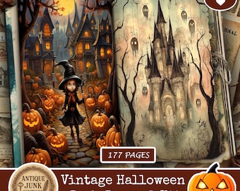 May include: A vintage Halloween junk journal kit with 177 pages. The open journal displays colorful illustrations of a witch, pumpkins, and a haunted castle. The cover features a pumpkin and the text "Vintage Halloween Junk Journal Kit."