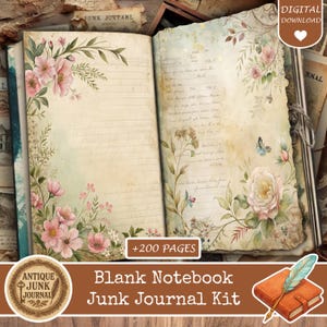 May include: Open blank notebook with floral and botanical illustrations. The pages have a vintage, aged appearance with delicate pink flowers and green leaves. The cover reads "Antique Junk Journal" and "Blank Notebook Junk Journal Kit".