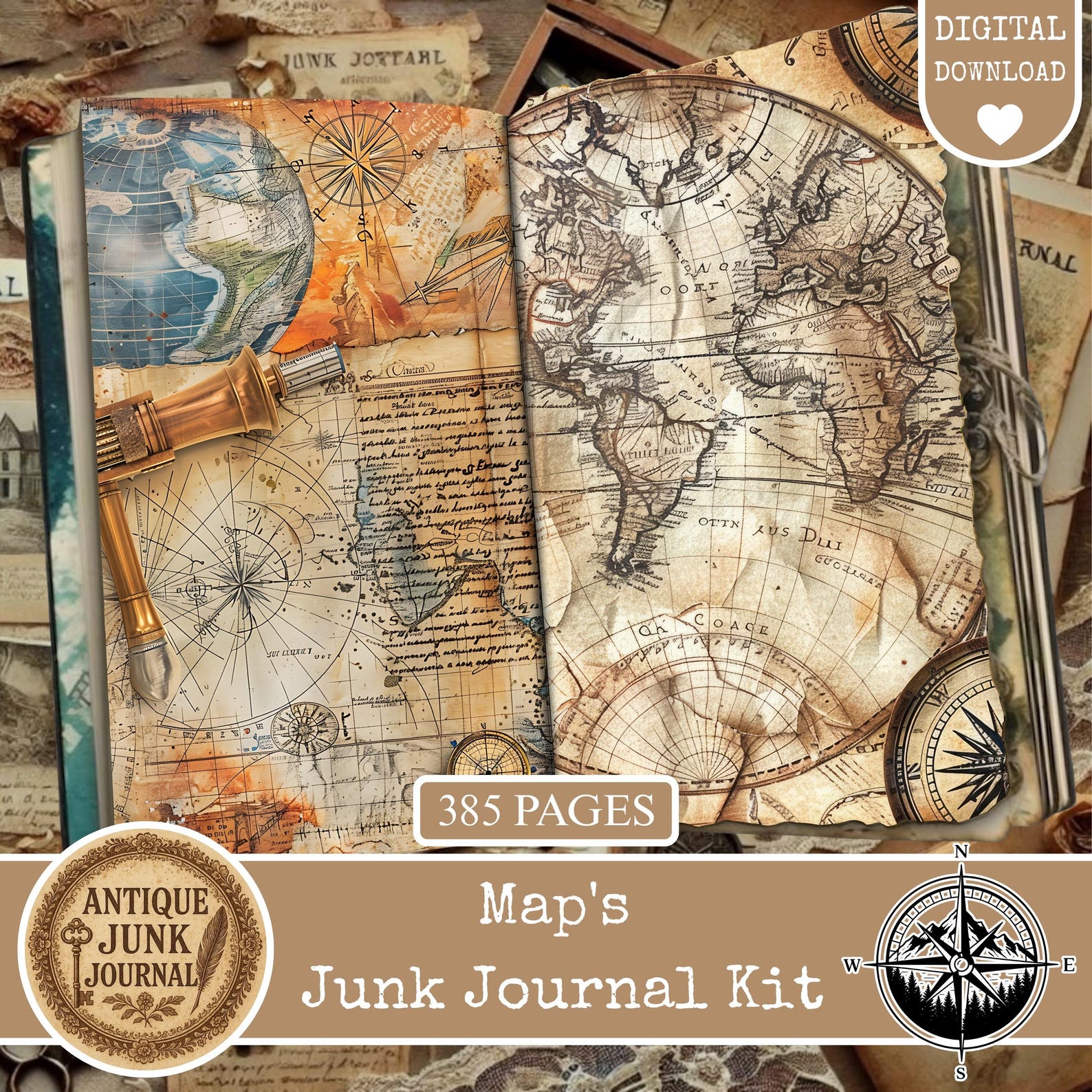 Map Junk Journal, Vintage Map Junk Journal Kit, Junk Journal Supplies ...