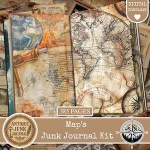 Puede incluir: Un kit de diario basura antiguo abierto con diseños de mapas. El diario presenta un globo terráqueo, una brújula e ilustraciones vintage. La portada dice "Antique Junk Journal" y "Map's Junk Journal Kit". El diario tiene 385 páginas y es una descarga digital.