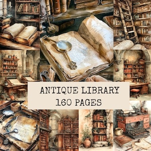 Puede incluir: Un collage de ilustraciones en acuarela que representan una biblioteca antigua con estanterías, escaleras, escritorios y libros abiertos. Una lupa descansa sobre una página. El texto dice: ANTIQUE LIBRARY 160 PAGES. La paleta de colores presenta tonos marrones cálidos, cremas y colores apagados.