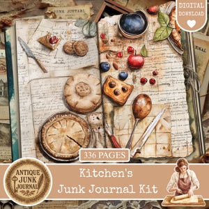 Peut inclure: Illustration à l'aquarelle d'un kit de journal de rebut sur le thème de la cuisine. Les pages ouvertes présentent des dessins de pâtisseries, de fruits et de couverts. Le kit comprend un téléchargement numérique et est intitulé "Antique Junk Journal" et "Kitchen's Junk Journal Kit."