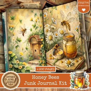 Könnte beinhalten: Ein digitales Junk-Journal-Kit mit Honigbienen-Thema. Die offenen Seiten des Journals zeigen Illustrationen von Bienen, Honig und Blumen. Der Text "Honey Bees Junk Journal Kit" und "+300 Pages" ist sichtbar.