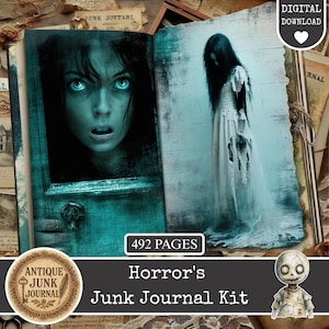 May include: A digital junk journal kit with a horror theme. The journal displays images of a woman with bright blue eyes and a ghostly figure. The kit contains 492 pages and is titled "Horror's Junk Journal Kit."