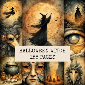 May include: A collection of Halloween-themed illustrations featuring witches, a cauldron, masks, and a large eye, with the text HALLOWEEN WITCH 158 PAGES centred in the middle. The artwork uses a warm, muted colour palette with dark, moody details.