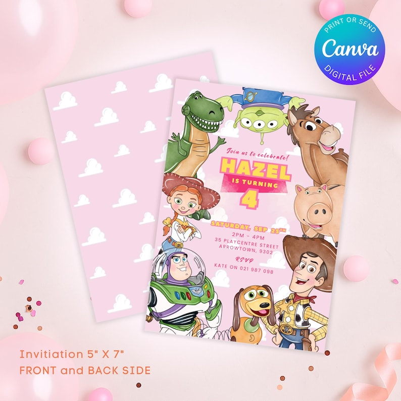 May include: A pink invitation card with a cartoon theme, featuring characters from a popular animated movie. The front side displays the characters and party details, while the back has a pink cloud pattern. The invitation measures 12.7cm x 17.8cm.