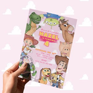 May include: A pink birthday party invitation featuring characters from a popular animated film. The invitation says "HAZEL IS TURNING 4" and includes event details. The invitation is held by a hand.