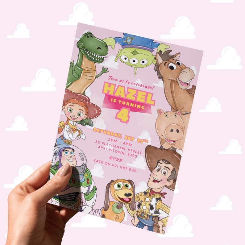May include: A pink birthday party invitation featuring characters from a popular animated film. The invitation says "HAZEL IS TURNING 4" and includes event details. The invitation is held by a hand.