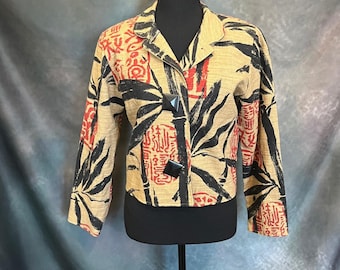Painted Pony Abstract Print Jacket Mandarin Collar Black Red Beige Size Small