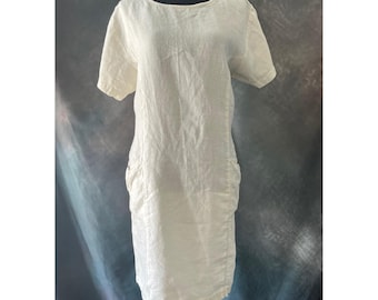 Kiko Linen Dress Womens Medium Vtg Y2K Beige Short Sleeve Casual Pocket Summer