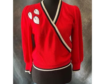 Vintage Laura by Alyzia Red Wrap Sweater Size Small Petal Applique Black White