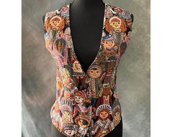 Facets 90S Vintage Tapestry Vest Faces Pattern Button Down Tie Back Ladies S/M