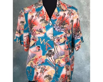 Vintage A. Gold E Event Rayon Hawaiian Shirt Women M Made USA Aloha Top