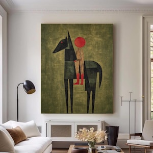 Large Scale Abstract Equestrian Oil Painting, Textured Olive Green Wall Art, Modern Minimalist Statement Piece for Living Room or Loft