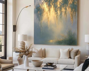 Origineel abstract landschapsolieverfschilderij op canvas, modern minimalistisch woonkamerdecor, groot vierkant canvaskunst voor thuis