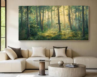Textured Sunlit Pine Forest Oil Painting, Sunlit Landscape Wall Art, Large Original Nature Artwork