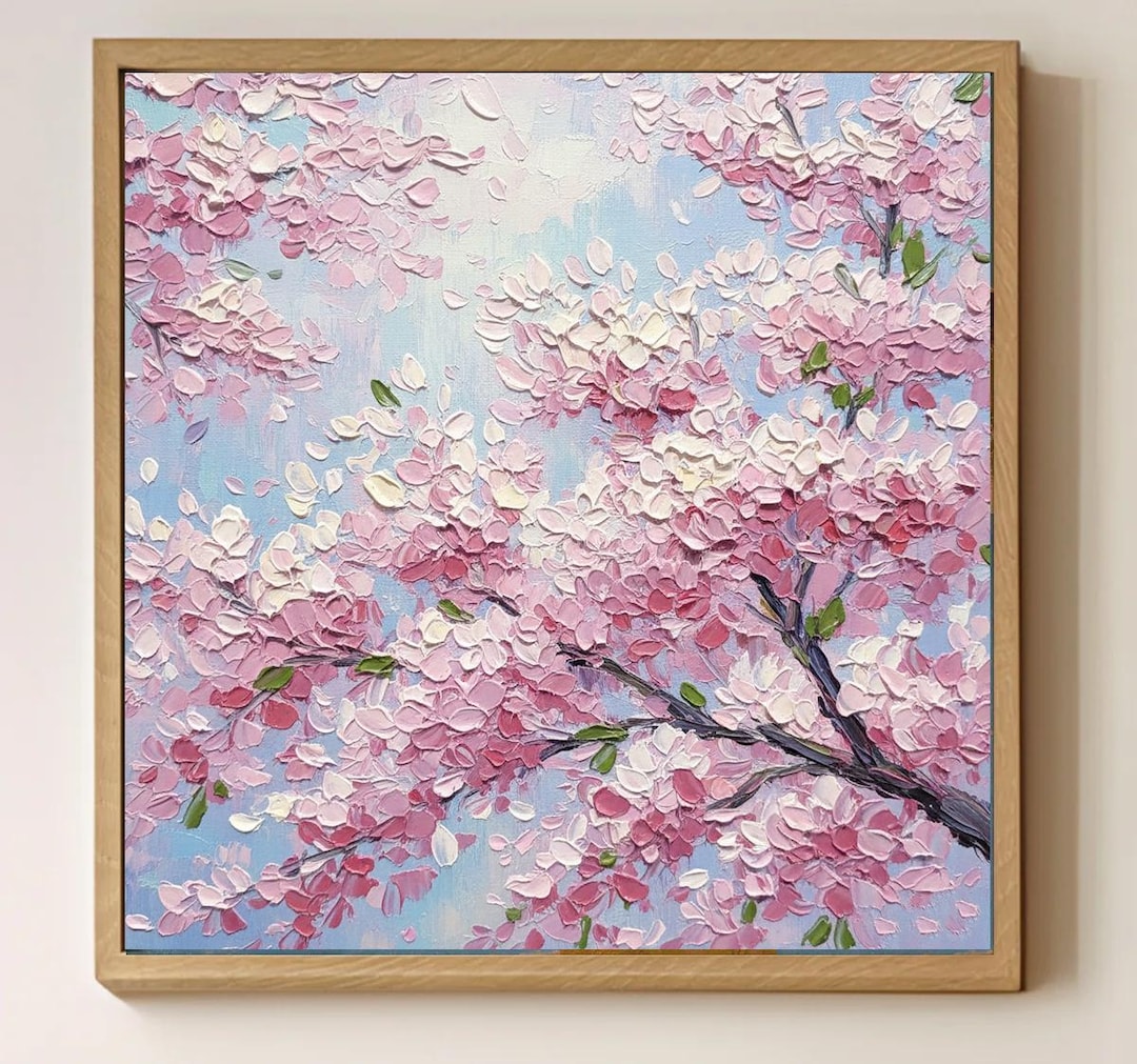 Textured Cherry Blossom Branch Impasto Oil Painting - Soft Pink Spring ...