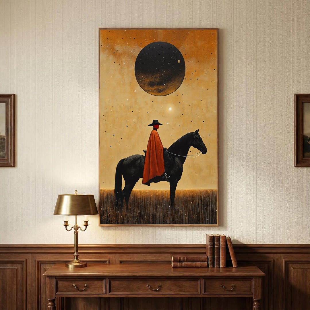 Celestial Cowboy Oil Painting, Black Horse & Red Cloak Wall Art ...
