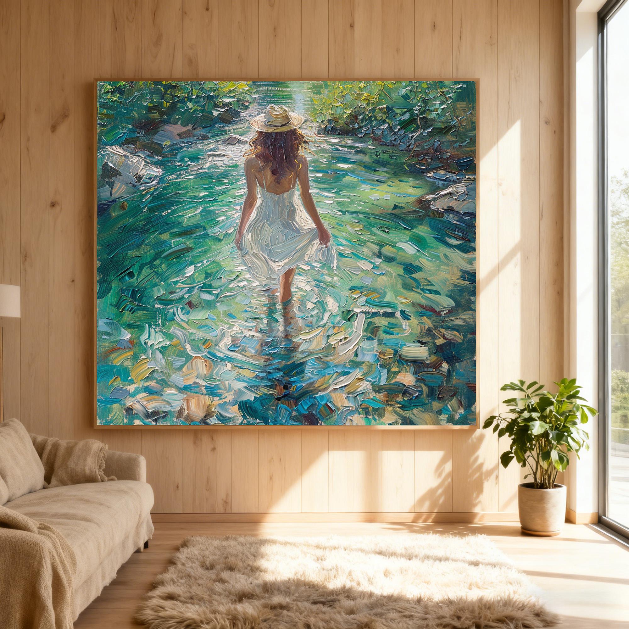 Impressionist Oil Painting of Woman Walking in Stream, Original Hand ...