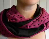 Plum, purple Infinity scarf with black flocked hearts VALENTINES DAY