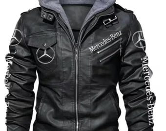 メルセデス・ベンツ ホワイト牛革レーシングジャケット、刺繍ロゴ