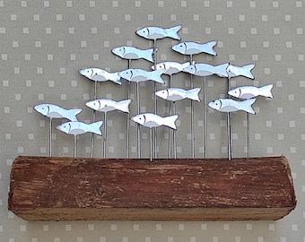 Little Shoal Of Silver Fish On Wood  Fish Decoration  Shoal Of Fish  Sprats  Sardine Decoration