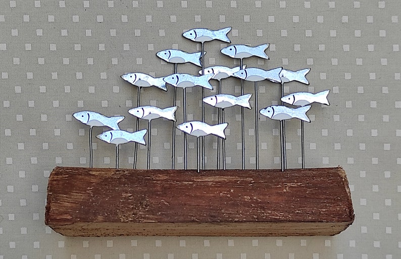 Little Shoal Of Silver Fish On Wood Fish Decoration Shoal Of Fish Sprats Sardine Decoration image 1