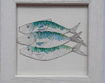Aquarelle et encre d'art côtier Fish Shoal peint à la main