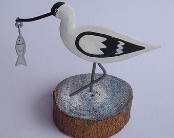 Oiseau avocette fabriqué à la main sur bois : décor côtier nautique