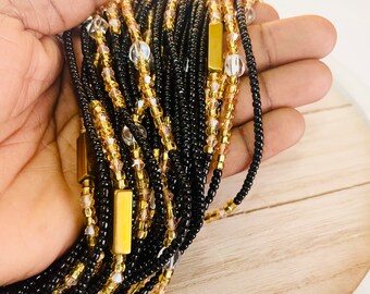 Black and Gold Waist Beads, Black Owned Waist Beads, Ghana waist beads, Women waist beads, Waist beads, tie on waist beads, up 50 inches