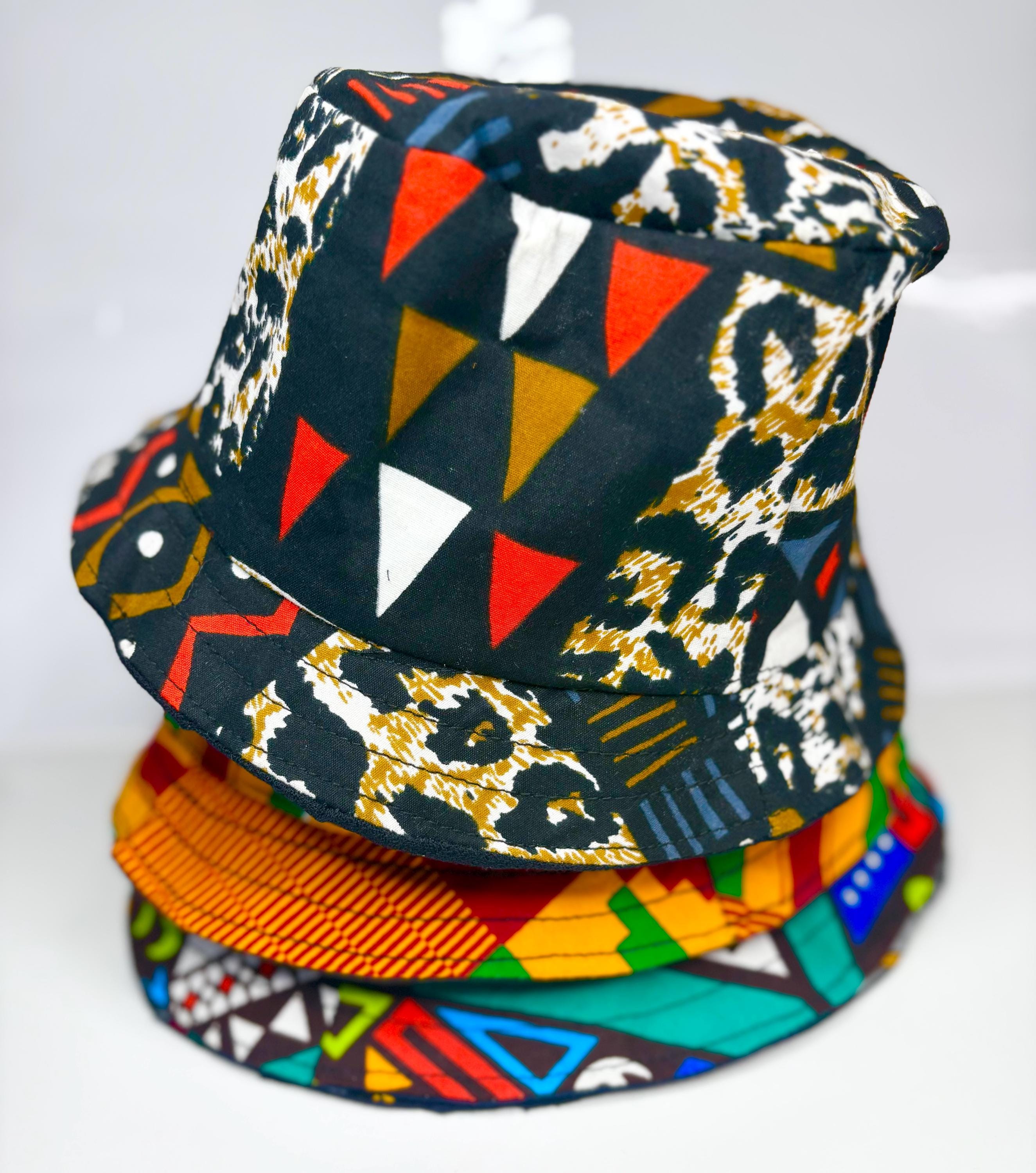 African Print Bucket Hat - Wax Style - Fedora Hat pink -white Upcycled hat with African wax print fabric main image 2