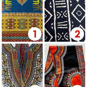 May include: Four different fabric swatches with African print designs. The first swatch is a blue fabric with yellow, red, and white geometric patterns. The second swatch is a dark blue fabric with white geometric patterns. The third swatch is a white fabric with a colorful geometric pattern. The fourth swatch is a black fabric with orange, yellow, and white geometric patterns.