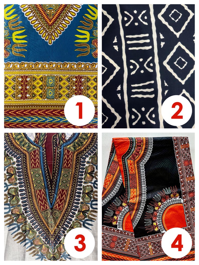 May include: Four different fabric swatches with African print designs. The first swatch is a blue fabric with yellow, red, and white geometric patterns. The second swatch is a dark blue fabric with white geometric patterns. The third swatch is a white fabric with a colorful geometric pattern. The fourth swatch is a black fabric with orange, yellow, and white geometric patterns.