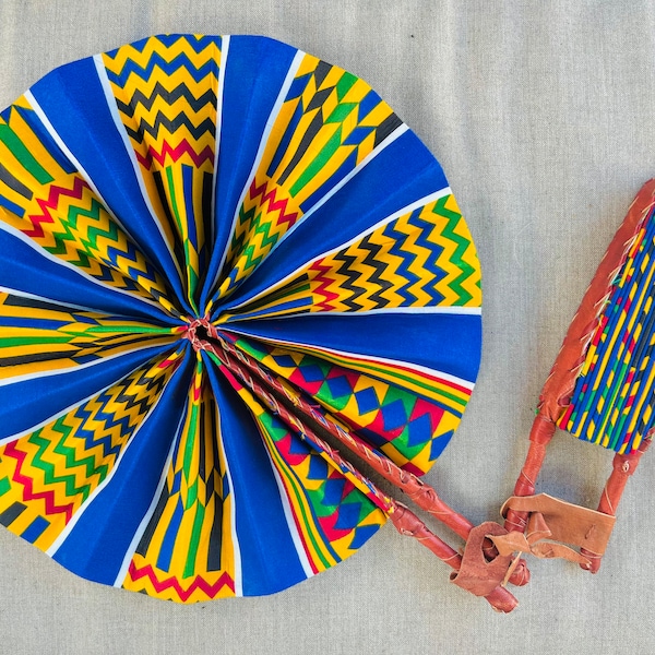 Blue African Hand fan, FanAnkara print, African print fans with leather handles, Ghana Kente fan, handmade fan, Beach fold fan FAST SHIPPING