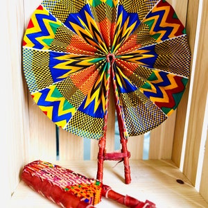 Hand fan, Africa fan , Ankara print, African print fans with leather handles, Ghana Kente fan, handmade fan, Beach fold fan FAST SHIPPING image 1