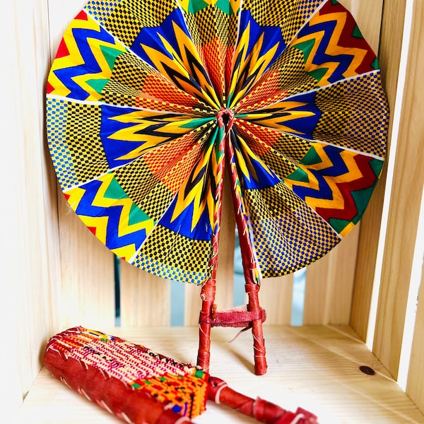 Hand fan, Africa fan , Ankara print, African print fans with leather handles, Ghana Kente fan, handmade fan, Beach fold fan FAST SHIPPING