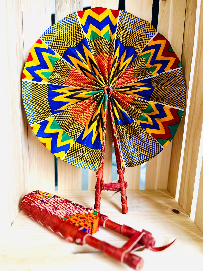 Hand fan, Africa fan , Ankara print, African print fans with leather handles, Ghana Kente fan, handmade fan, Beach fold fan FAST SHIPPING image 1