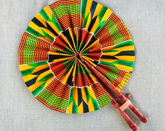 Blue African Hand fan, FanAnkara print, African print fans with leather handles, Ghana Kente fan, handmade fan, Beach fold fan FAST SHIPPING