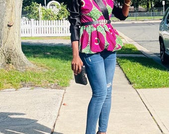 Chaqueta peplum africana; tela africana, blazer de primavera de Ankara; blazer de tela africana, abrigo de invierno, chaqueta de invierno africana; top peplum de Ankara
